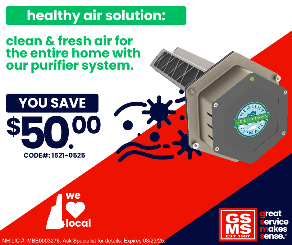 Save $50 on a whole-home air purifier system. Healthy Climate Solutions unit shown with air particles illustration.