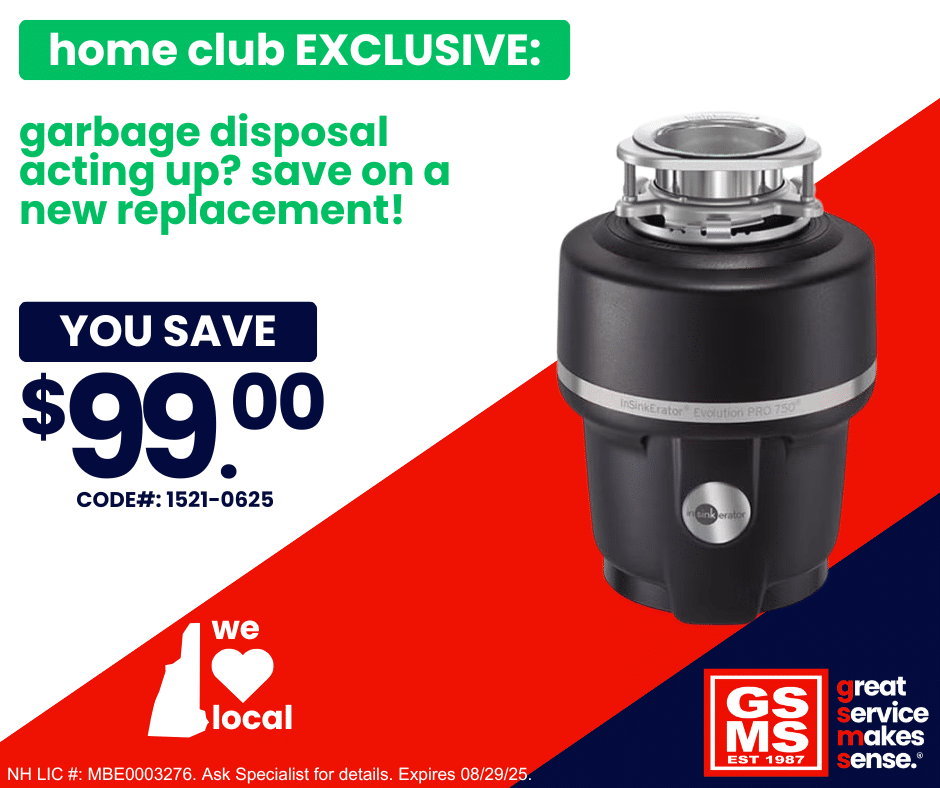 Exclusive $99 savings for Home Club members on a garbage disposal replacement. Image of InSinkErator Evolution Pro 750.