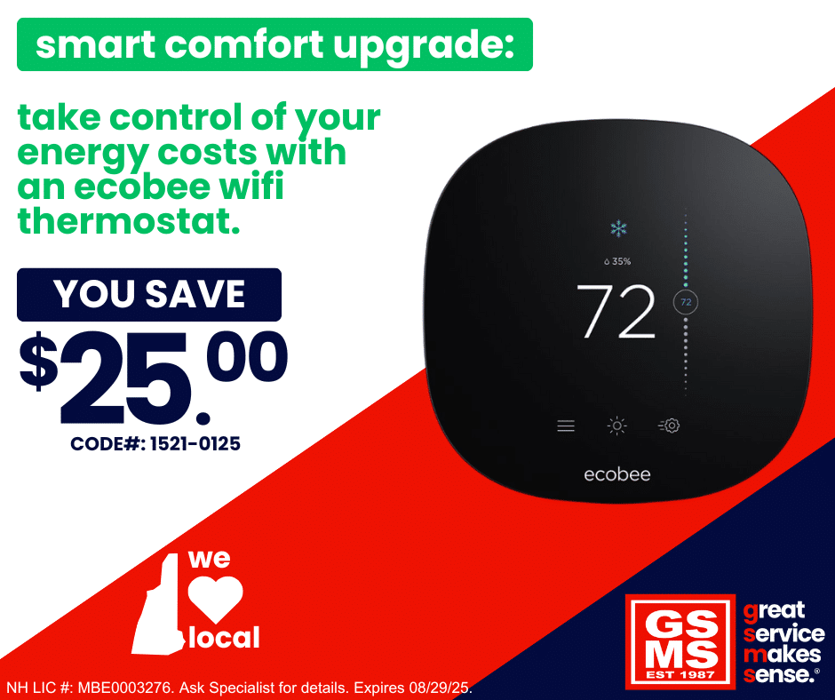 Save $25 on installation of an ecobee WiFi thermostat. Display shows 72 degrees with energy-saving features.
