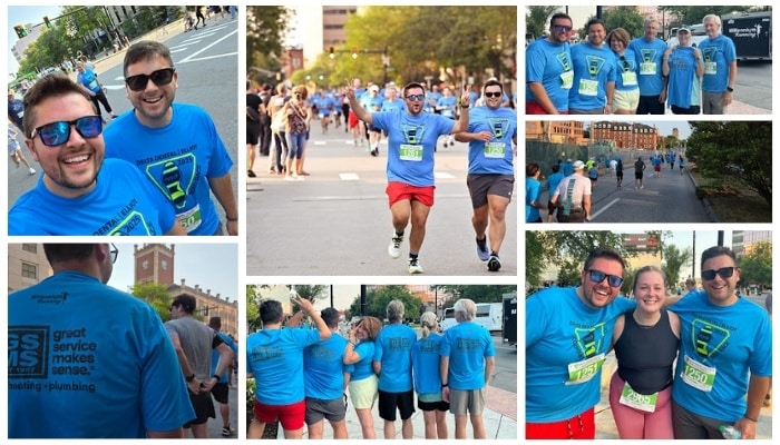 Collage of GSMS team participating in the Delta Dental | Elliot Corporate 5K, featuring pre-race smiles, running action shots, group photos, and back-of-shirt views.