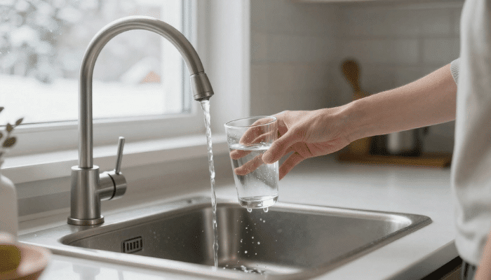 Homeowner filling a glass of water at a kitchen sink during winter in New Hampshire