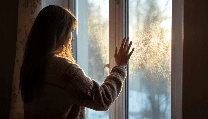 woman standing in front of a drafty window with her hand up against the draft