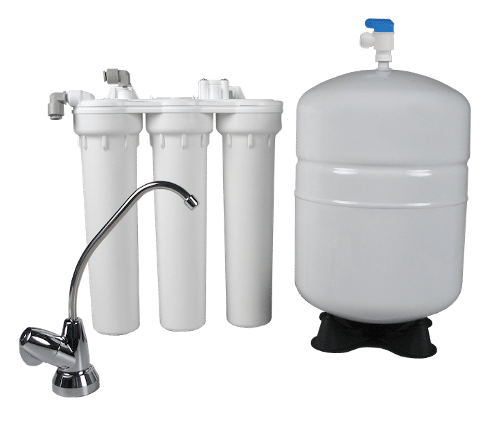 Reverse osmosis (RO) water filtration system with three-stage filters, storage tank, and faucet for clean drinking water.